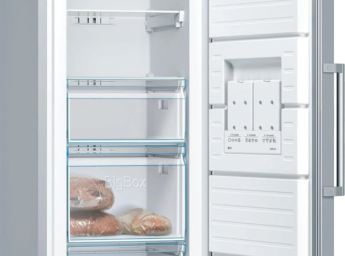 Bosch - Congelador vertical NoFrost, Serie 4, 186 cm de alto x 60 cm de ancho, 242 L, cajones BigBox para alimentos grandes, sistema MultiAirflow, acero, GSN29VIEP