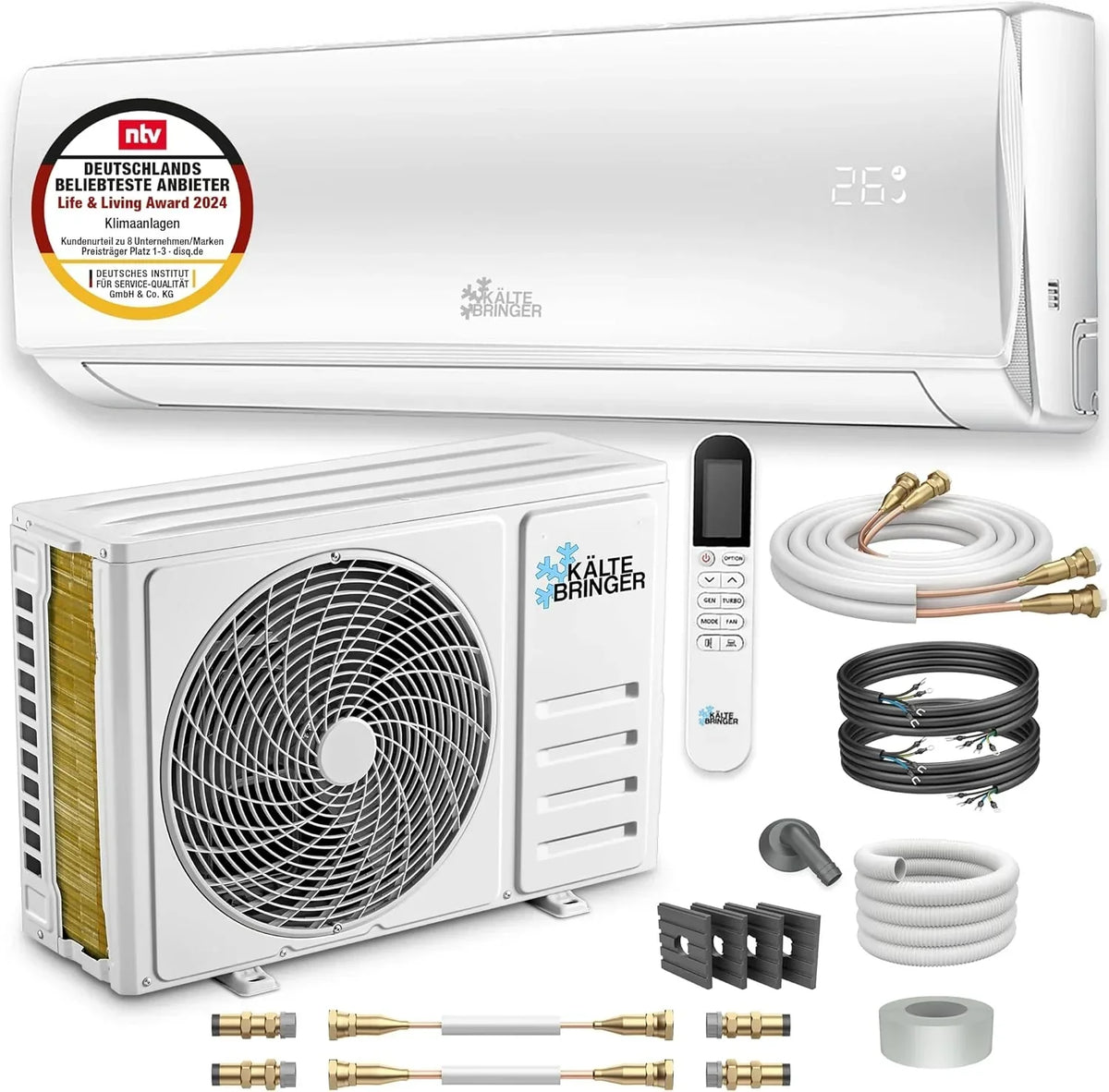 Aire acondicionado Split Kältebringer Quick Connect - 12000 BTU (3,4 kW) con función de calefacción, WiFi y App, hasta 91 m², muy silencioso - tubería de cobre de 5 m, refrigerante R32, material de montaje, soporte de pared