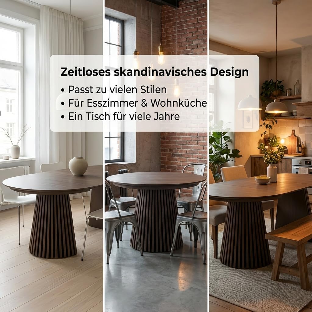 ebuy24 Tokyo mesa de comedor con 2 tableros adicionales ø120x120 hasta 160 hasta 200cm chapa de roble ahumado. – Mesa de comedor redonda extensible, mesa redonda extensible, mesa de comedor ovalada extensible