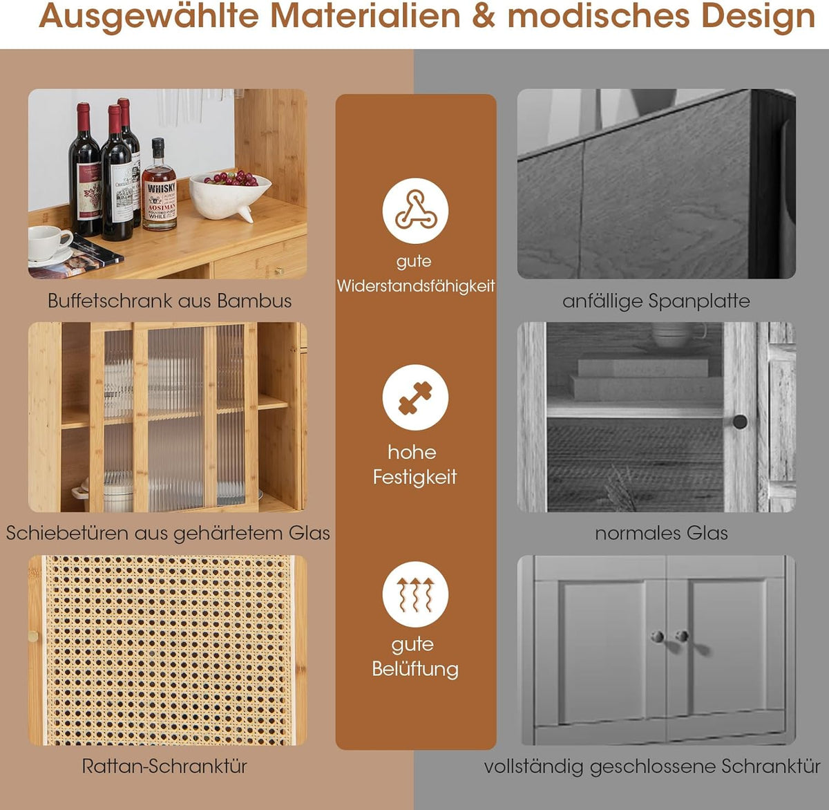 Aparador con alacena COSTWAY, armario de cocina de bambú, buffet de cocina con puerta corredera, puerta de ratán, ganchos, soporte para copas y cajón, armario despensa, vitrina estilo rústico, natural