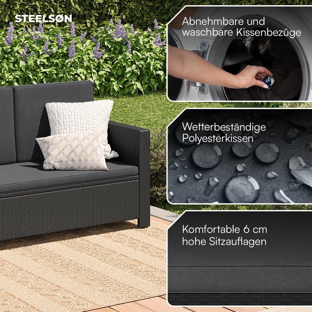 STEELSØN Elnath Sofá de jardín de 2 plazas – Salón de jardín de ratán negro/antracita – Cama lounge para balcón/jardín/terraza – sofá pequeño que ahorra espacio – Set de sofá para exteriores con cojines – muebles de balcón resistentes a la intemperie