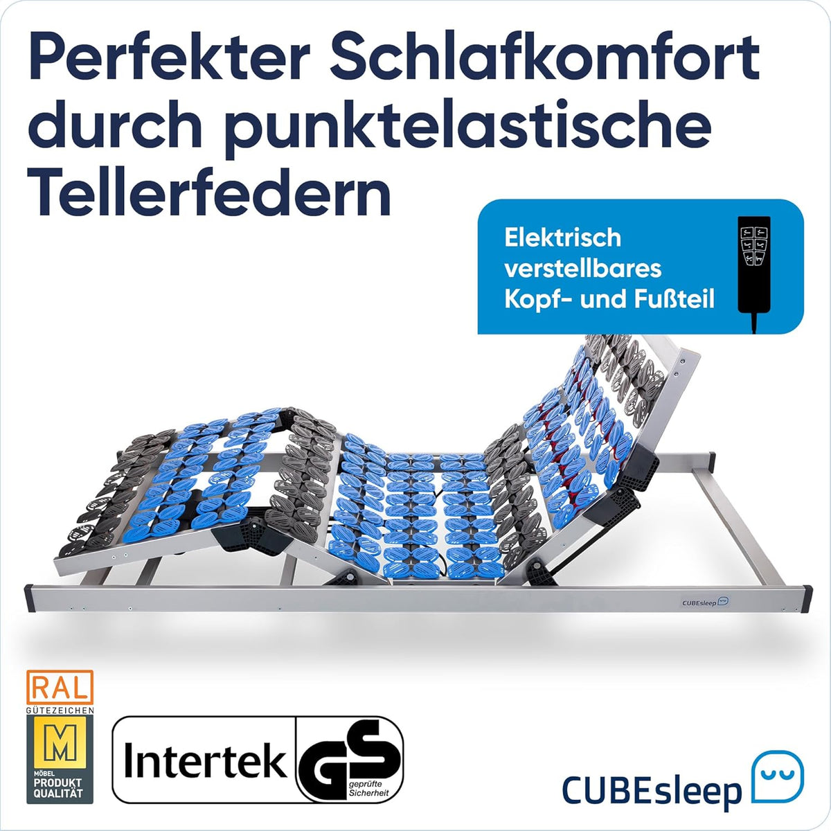 Somier de láminas con platos CubeSleep de 7 zonas Cloud 90x200 cm | Cabecero y piecero regulables eléctricamente | Fabricado en Alemania | Certificado GS – seguridad comprobada | completamente montado