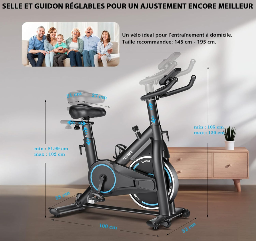 Bicicleta estática, bicicleta estática conectada a aplicaciones SLUNSE con pantalla, bicicleta estática para el hogar con resistencia magnética ajustable, asiento acolchado y ajuste de altura, capacidad de carga de 180 kg