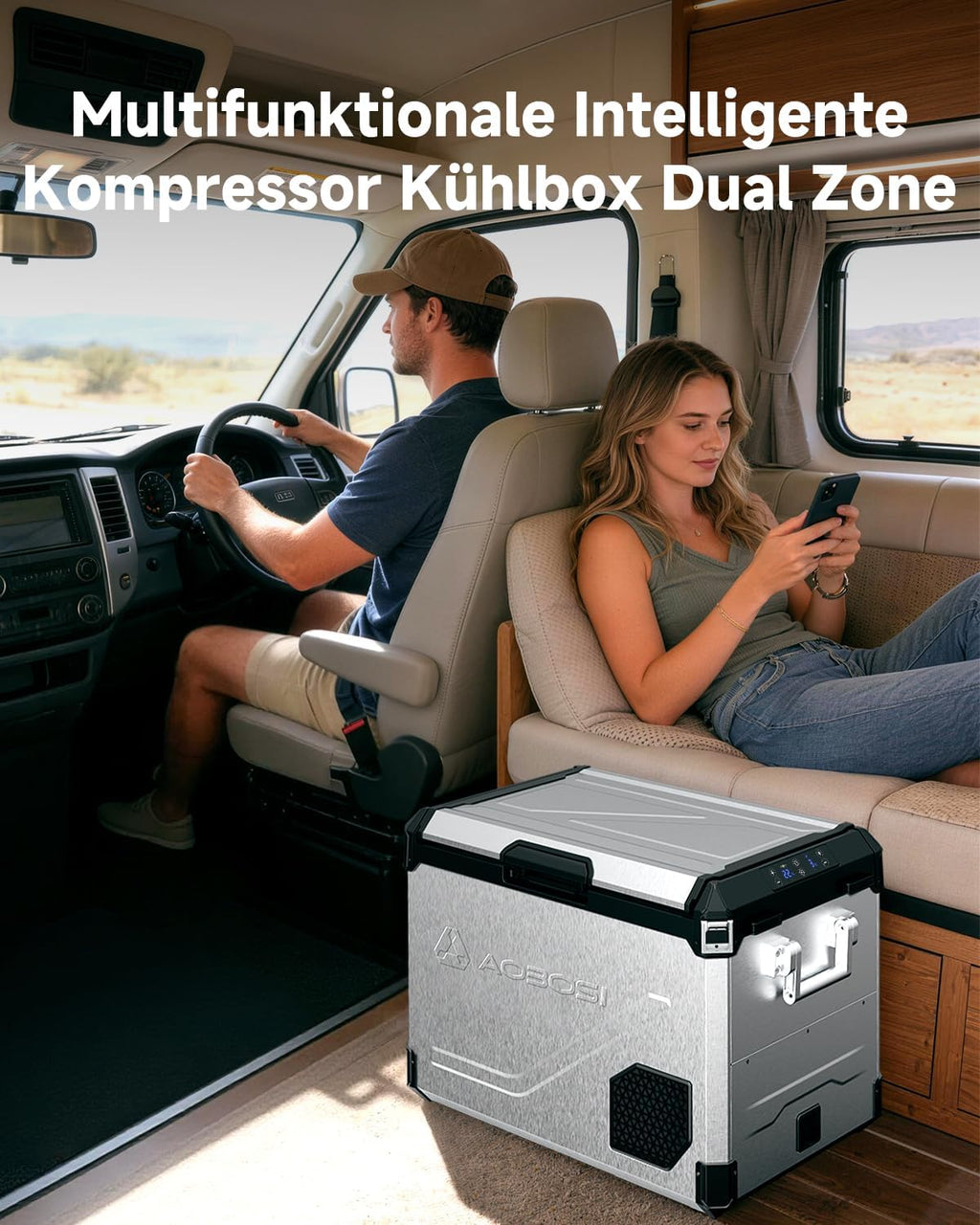 Nevera portátil de compresor AAOBOSI 45L de doble zona hasta -20℃, carcasa de acero inoxidable e interior de aluminio, 12/24V CC y 230V CA, nevera de compresor para coche, barco, camping y todoterreno