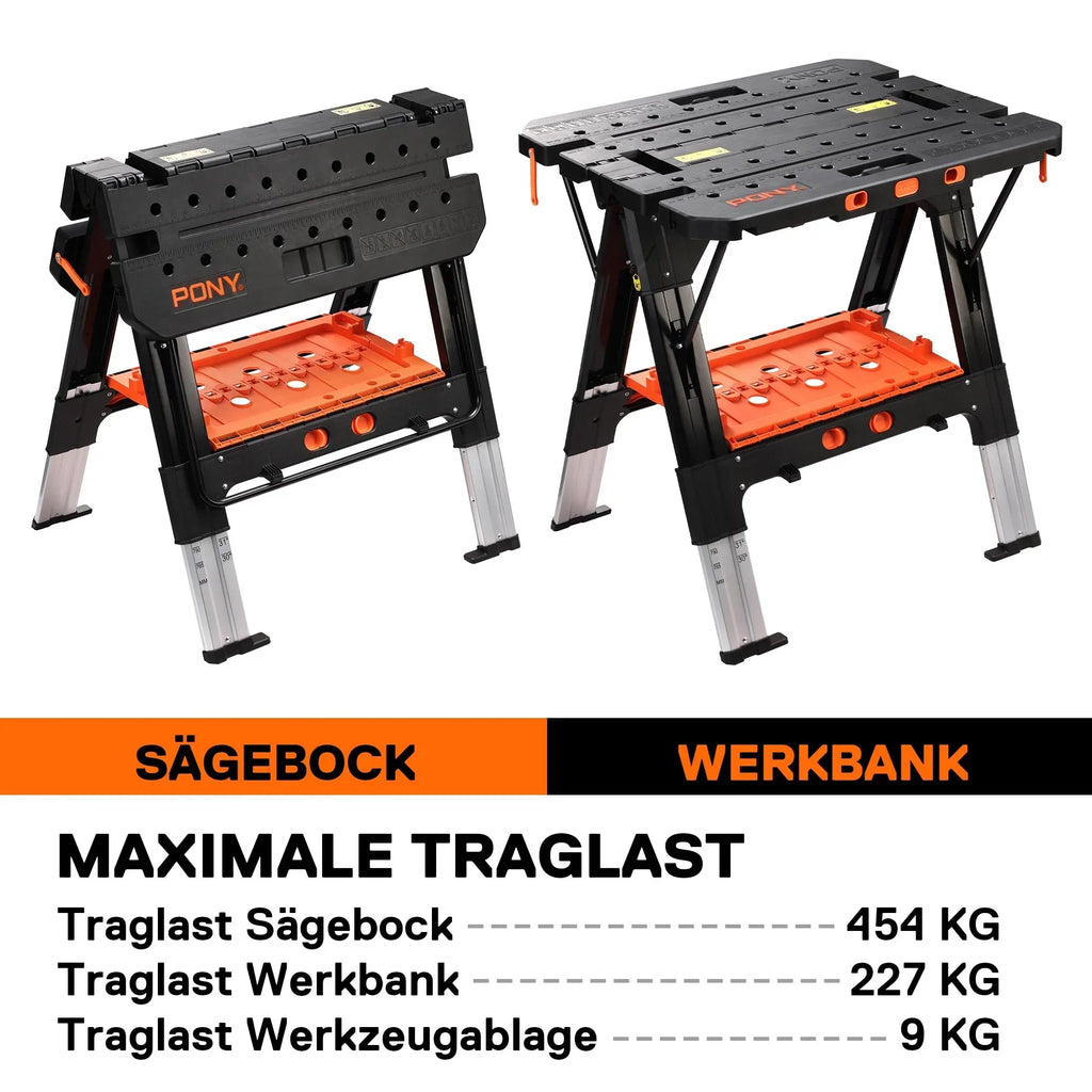 Banco de trabajo 2 en 1 plegable, caballete de aserrado, 454 kg, soporte de trabajo, patas de aluminio, 4 abrazaderas, 79 x 63,5 cm