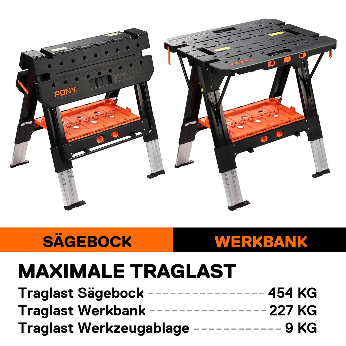 Banco de trabajo 2 en 1 plegable, caballete de aserrado, 454 kg, soporte de trabajo, patas de aluminio, 4 abrazaderas, 79 x 63,5 cm