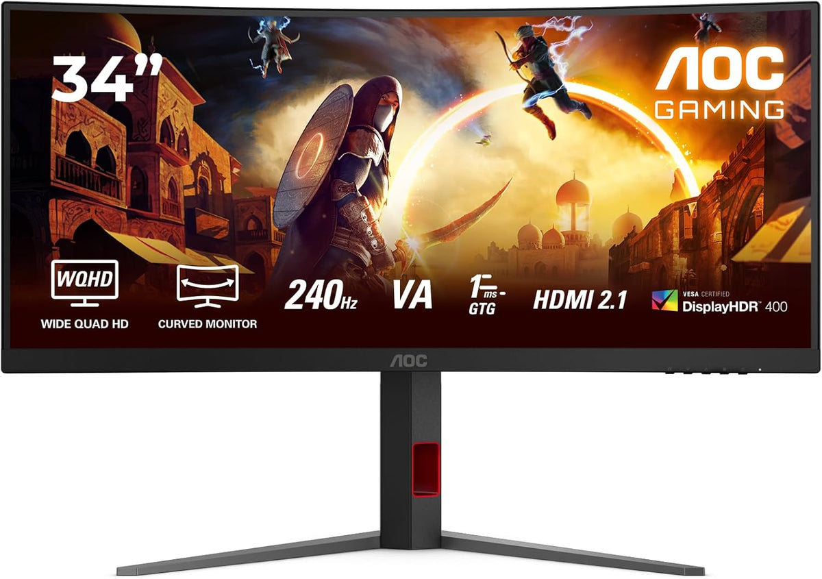 AOC Gaming CU34G4Z - Monitor curvo WQHD de 34 pulgadas, 240 Hz, FreeSync Prem., HDR400 (3440x1440, 1 ms GtG, 2x HDMI 2.1, 1x DisplayPort 1.4, Hub USB) Negro-Rojo