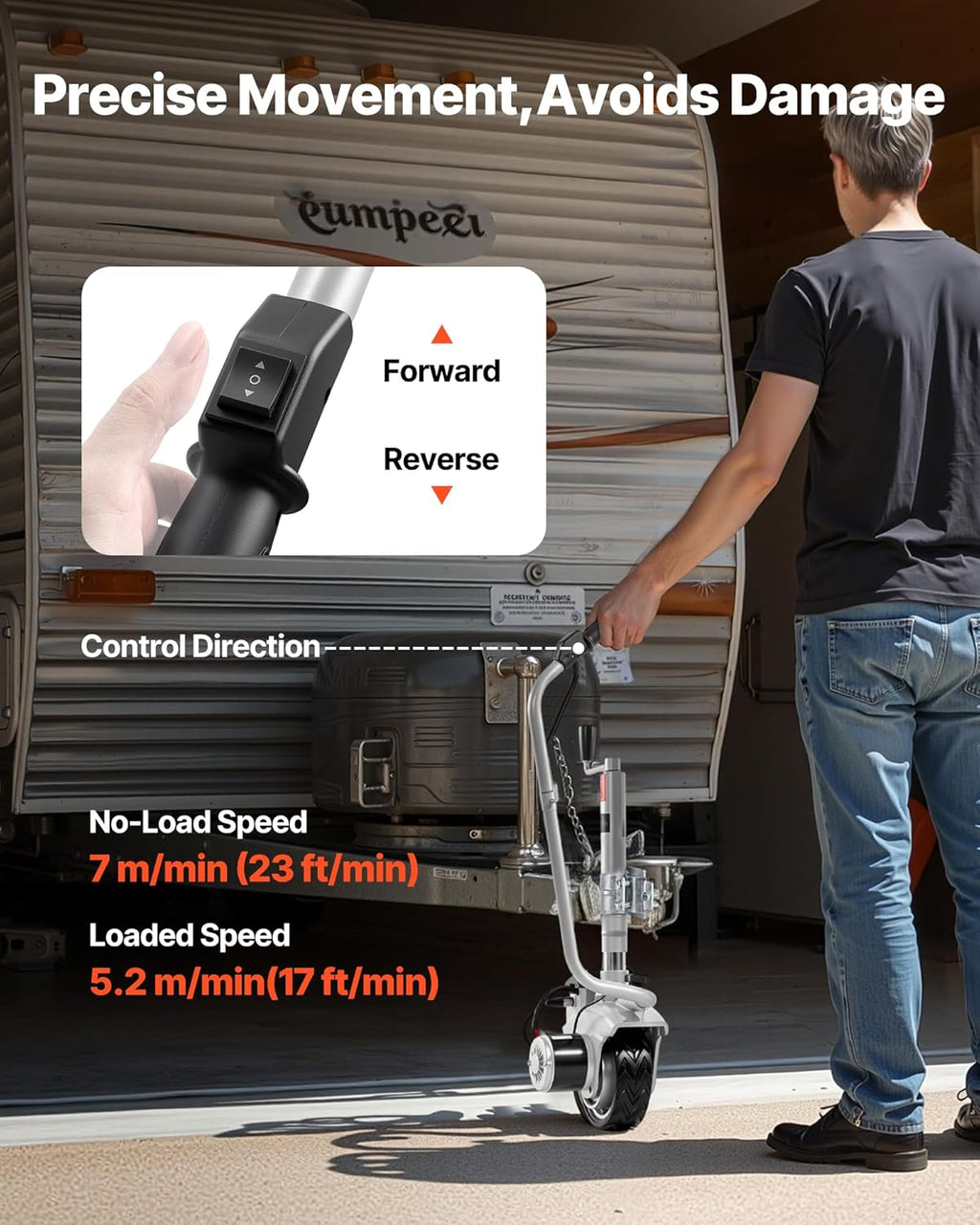 VEVOR Rueda Jockey Eléctrica Motorizada para Remolque 2,5 t, Movedor de Remolque 380 W 12 V, Velocidad de Desplazamiento 7 m/min, Altura de Abrazadera Ajustable 31-63 cm, Neumático de Goma 20,3 cm para Mover Caravanas y Barcos