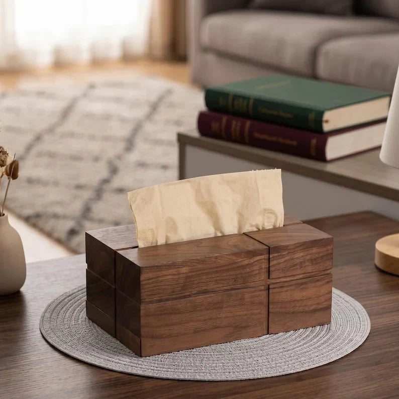 Caja para pañuelos de madera maciza de nogal estilo retro, 20x13x10 cm, decoración de mesa, accesorios para el hogar