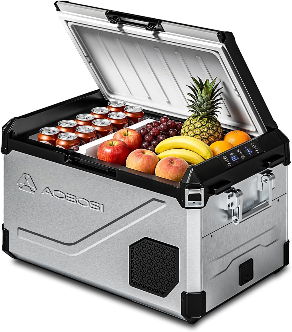 Nevera portátil de compresor AAOBOSI 45L de doble zona hasta -20℃, carcasa de acero inoxidable e interior de aluminio, 12/24V CC y 230V CA, nevera de compresor para coche, barco, camping y todoterreno