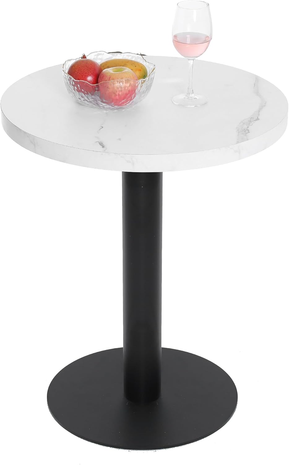 Mesa de comedor Mingone pequeña y redonda de 60 cm, mesa de cocina con tablero de mármol y pata metálica para salón, balcón y comedor, blanca
