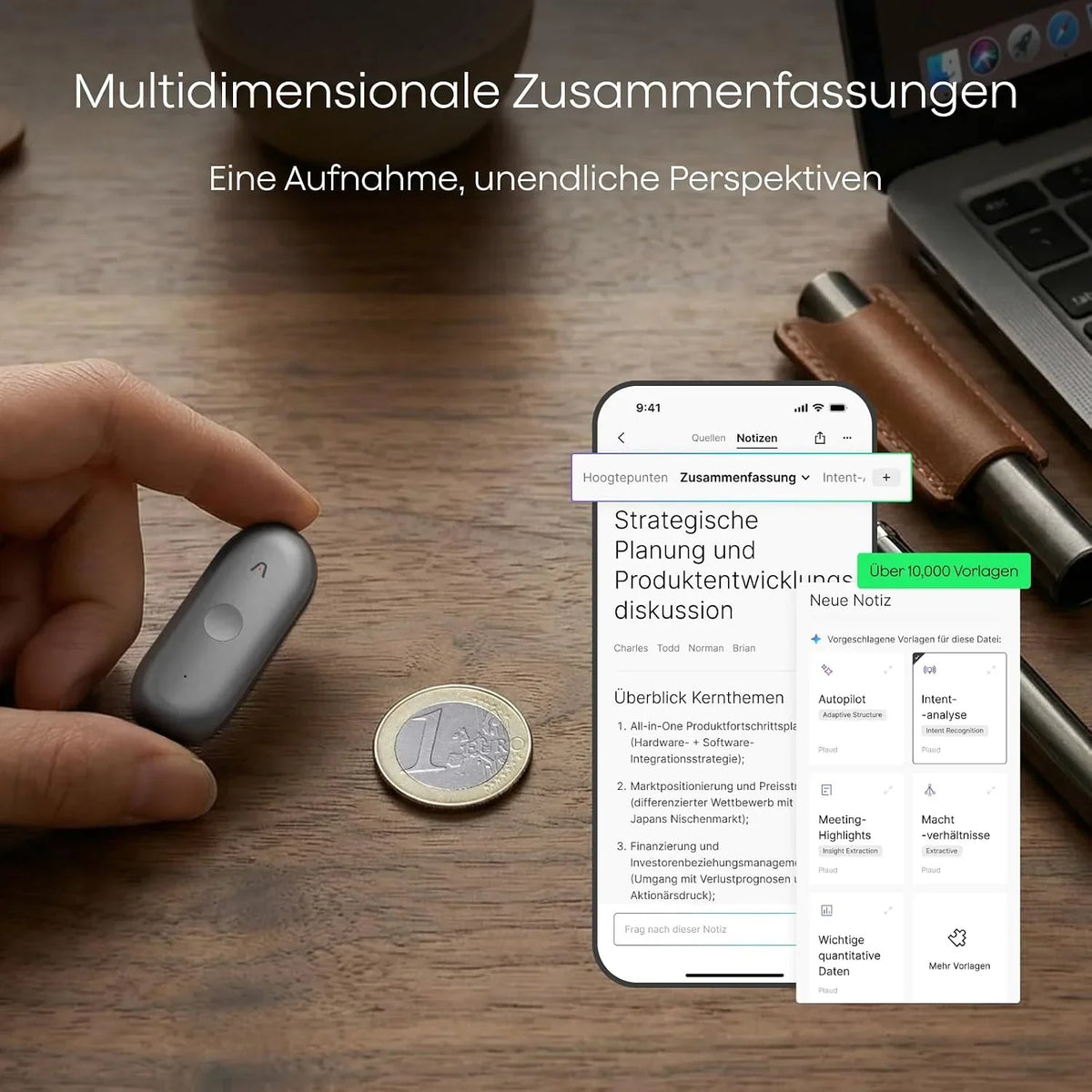 Grabadora de voz con IA NotePin S, grabadora de voz con transcripción y resumen, 64 GB de memoria, dispositivo de grabación con 4 accesorios