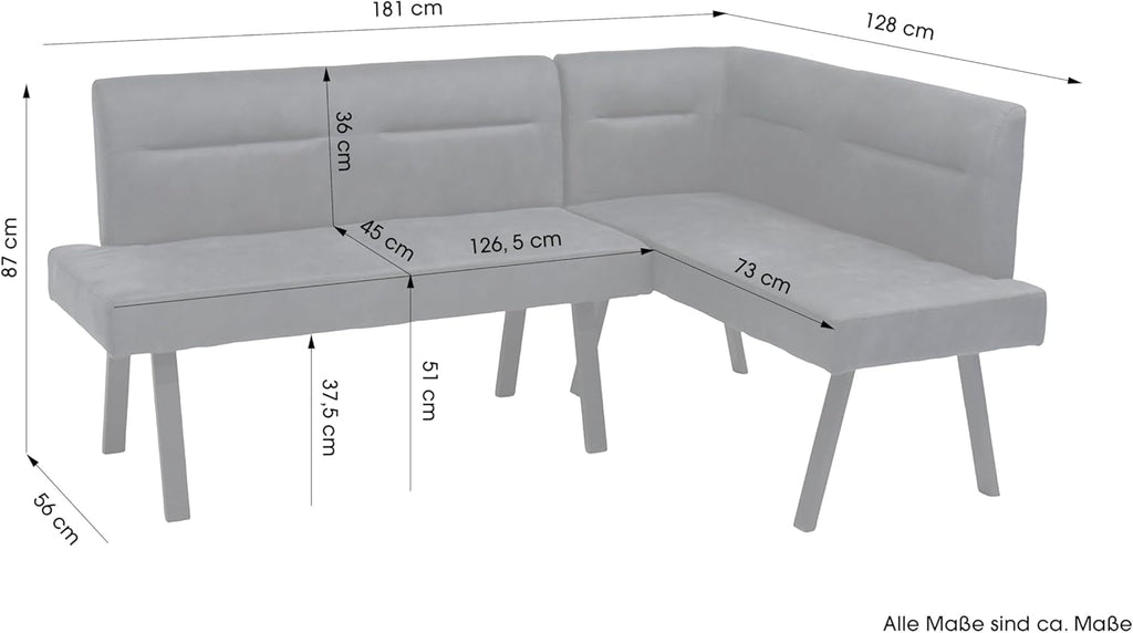 Banqueta esquinera byLIVING Montreal, lado largo a la izquierda, tapizado en antracita, estructura en negro, costura decorativa en el respaldo, núcleo de muelles ensacados, banco de comedor, banco de cocina, medidas: 181 x 128, al. 87, prof. 56 cm