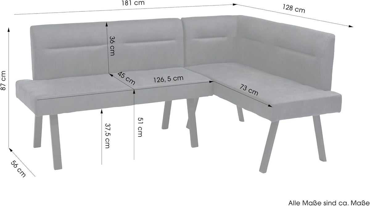 Banqueta esquinera byLIVING Montreal, lado largo a la izquierda, tapizado en antracita, estructura en negro, costura decorativa en el respaldo, núcleo de muelles ensacados, banco de comedor, banco de cocina, medidas: 181 x 128, al. 87, prof. 56 cm