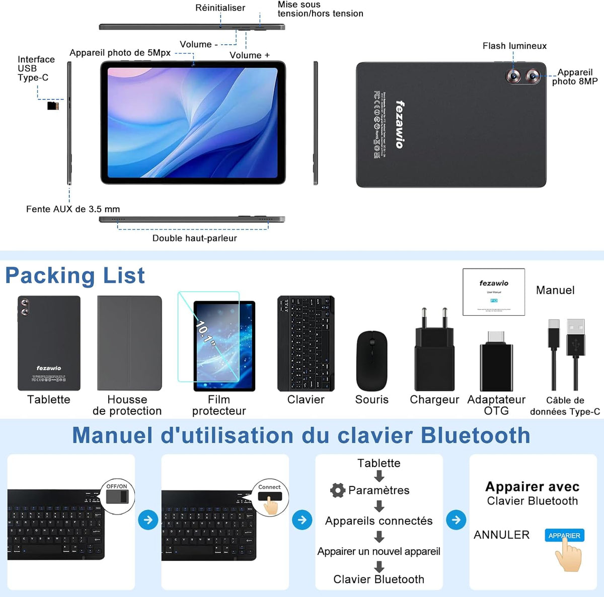 Tableta Android 15 con 5G WiFi 10 pulgadas 30 GB RAM + 128 GB ROM (2 TB ampliable), Widevine L1, Octa-Core 2.0 GHz/8000 mAh/8+5 MP/Altavoces duales, tabletas con teclado+ratón y funda-gris
