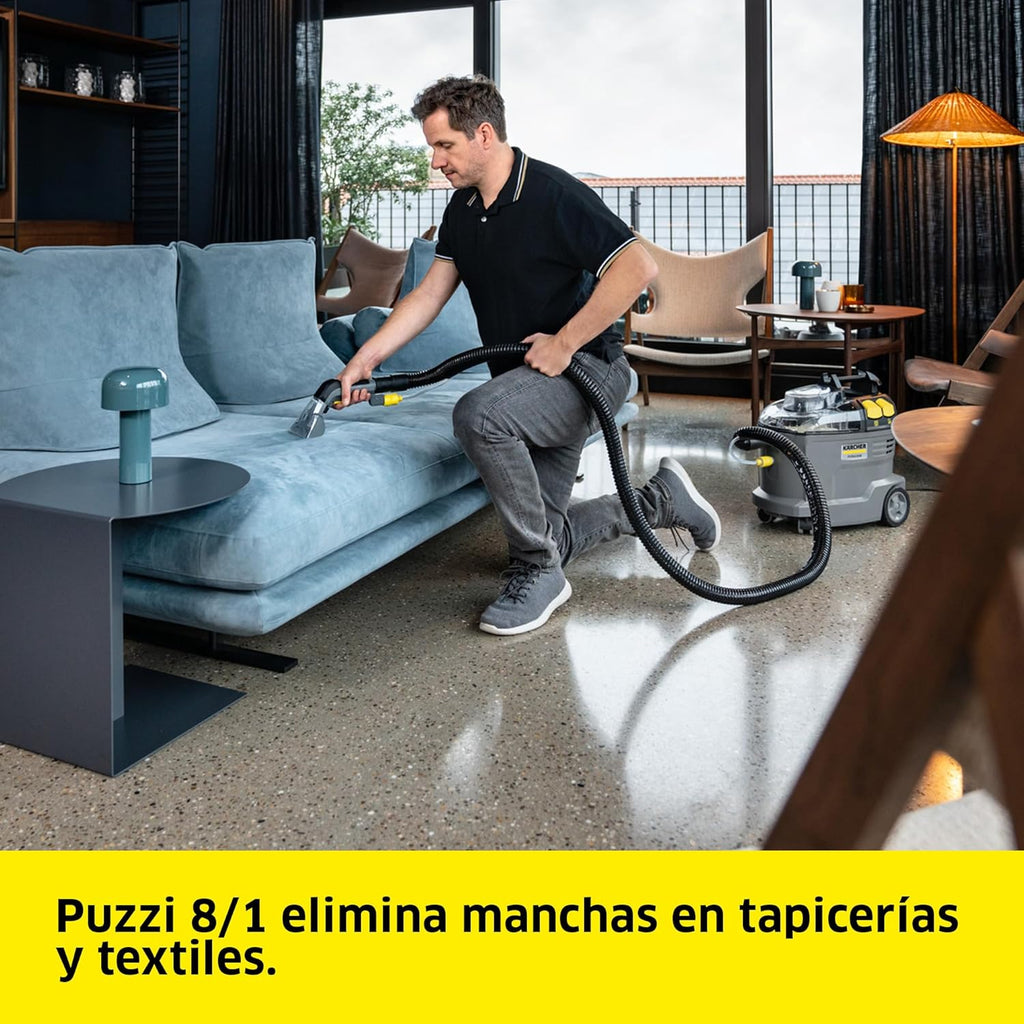 Kärcher Lava-aspiradora Puzzi 8/1, para tapicerías y superficies textiles, depósito: 8 l, caudal de pulverización: 1 l/min, rendimiento de superficie: 12-18 m²/h, peso: 8,6 kg, boquilla para tapicerías