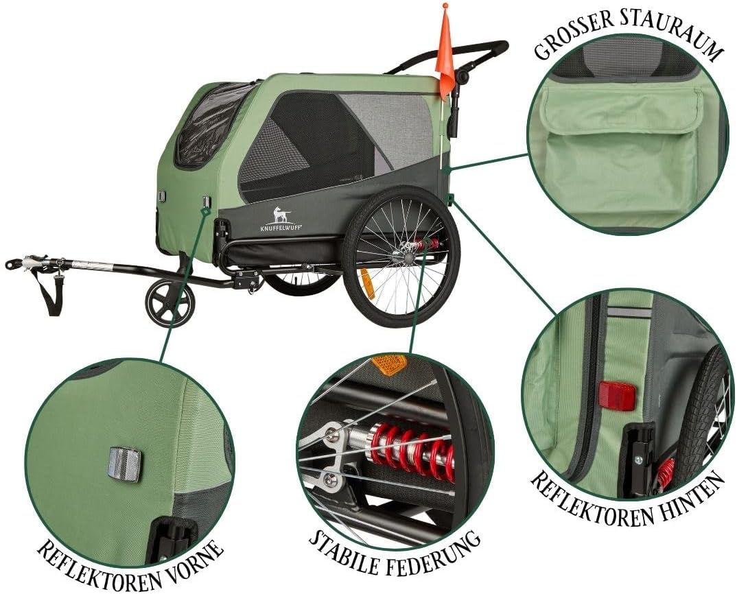 Remolque para perros, carrito para bicicleta, cochecito Cruvado hasta 45 kg, plegable, estructura de acero, correa de seguridad, reflectores, enganche universal