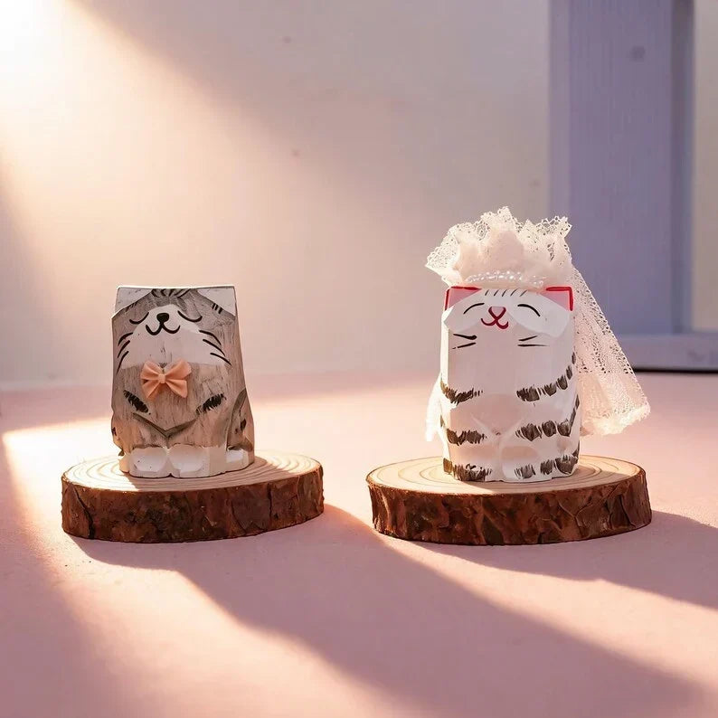 Adornos de madera tallados a mano de gatos y perros, decoración rústica para el hogar estilo bohemio de granja para escritorio