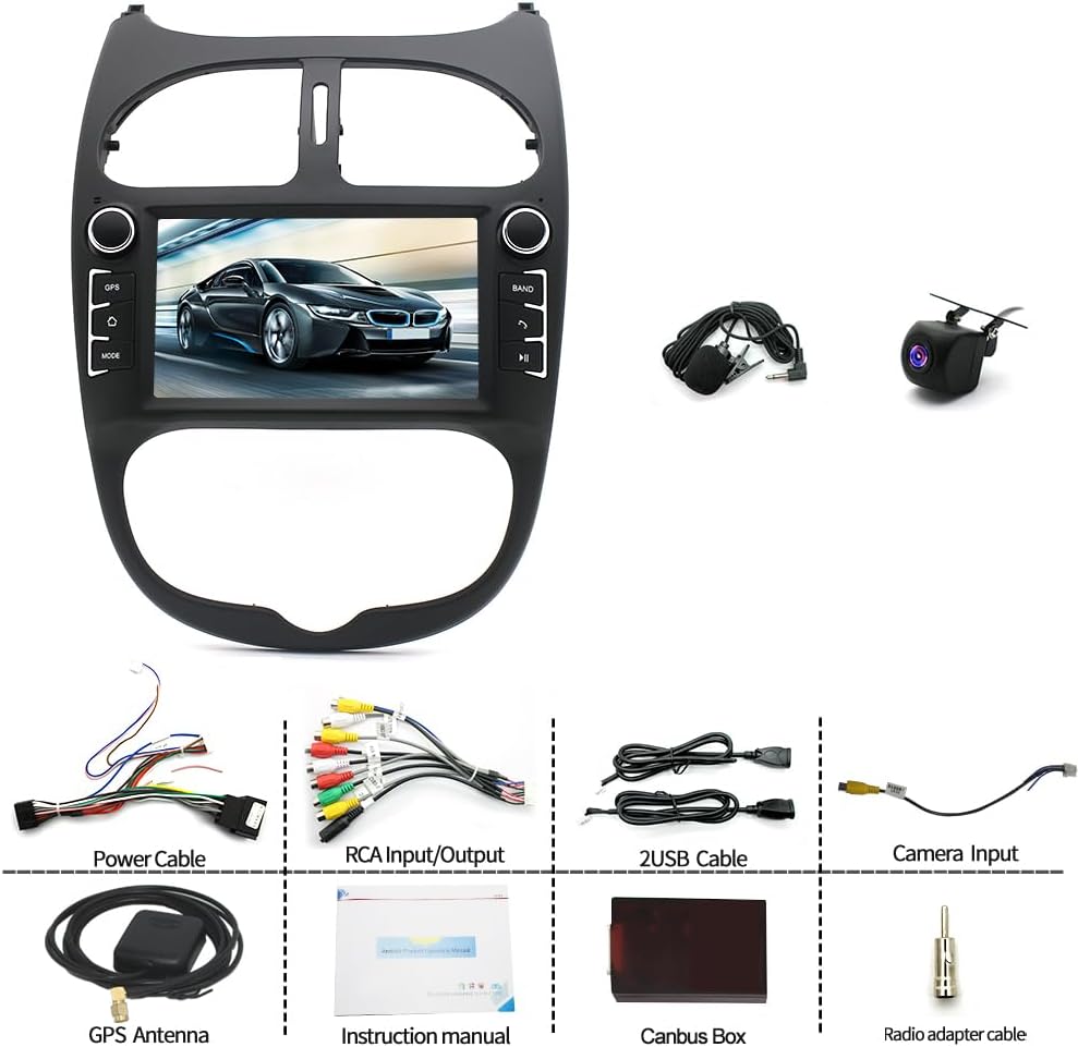 Autorradio Android 13 2 DIN Navegación GPS compatible con Peugeot 206 206CC 206SW 2000-2008, pantalla táctil de 7", reproductor multimedia de coche, unidad principal 2+32G, Mirror Link/USB/cámara de marcha atrás