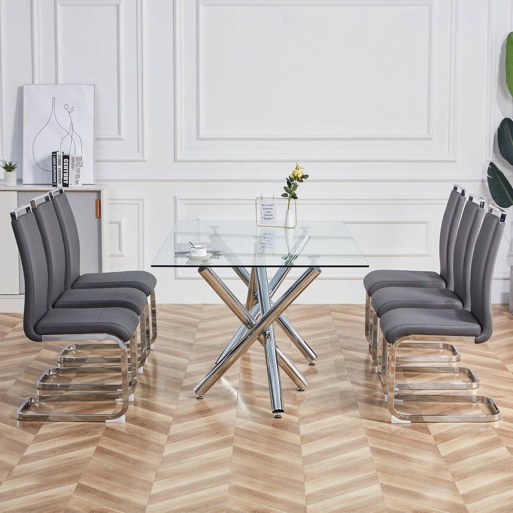 Juego de 4 sillas cantilever Merax, sillas de comedor con piel sintética PU y respaldo alto, estructura de metal cromado, silla de cocina moderna, silla tapizada para sala de estar y sala de conferencias, gris