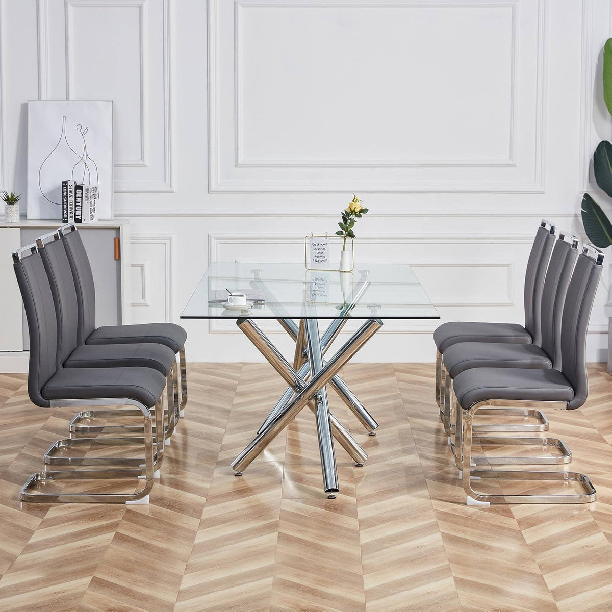 Juego de 4 sillas cantilever Merax, sillas de comedor con piel sintética PU y respaldo alto, estructura de metal cromado, silla de cocina moderna, silla tapizada para sala de estar y sala de conferencias, gris