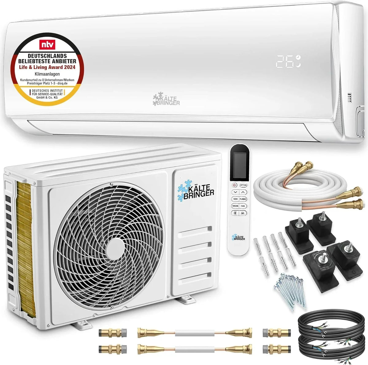 Aire acondicionado Split Kältebringer Quick Connect - 12000 BTU (3,4 kW) con función de calefacción, WiFi y App, hasta 91 m², muy silencioso - tubería de cobre de 5 m, refrigerante R32, material de montaje, soporte de pared