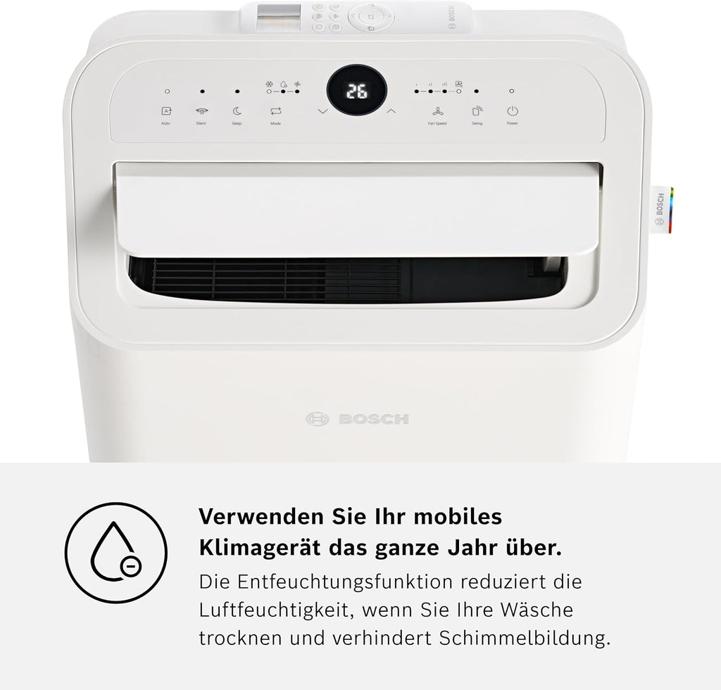 Acondicionador de aire móvil Bosch Cool 4000 - 3 en 1: aire acondicionado, deshumidificador, ventilador - 2,6 kW para habitaciones de hasta 35 m² - Con modo automático, modo silencioso y modo de suspensión