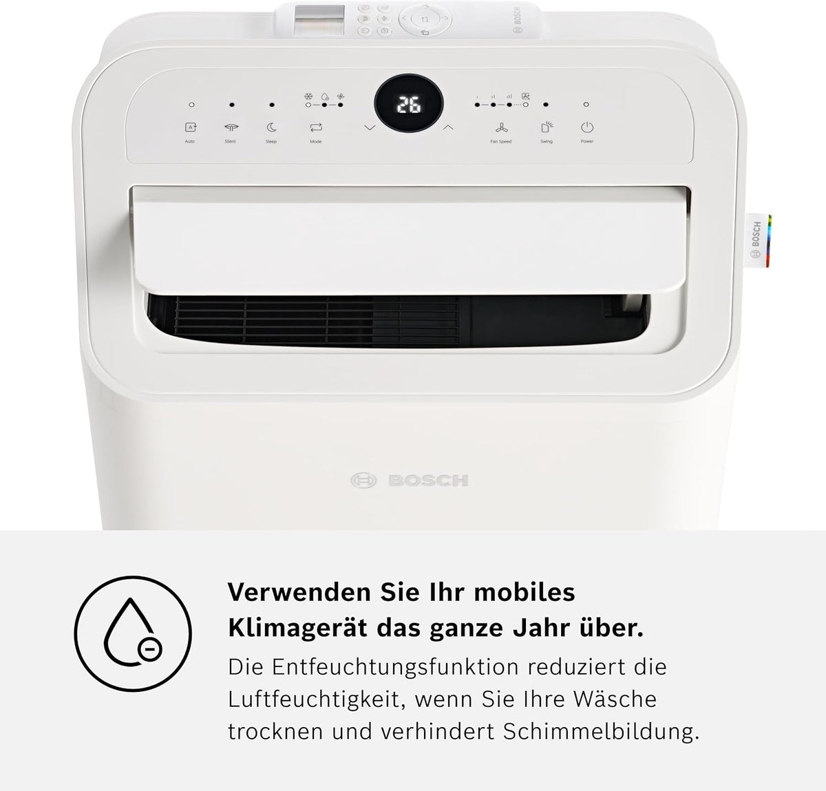 Acondicionador de aire móvil Bosch Cool 4000 - 3 en 1: aire acondicionado, deshumidificador, ventilador - 2,6 kW para habitaciones de hasta 35 m² - Con modo automático, modo silencioso y modo de suspensión