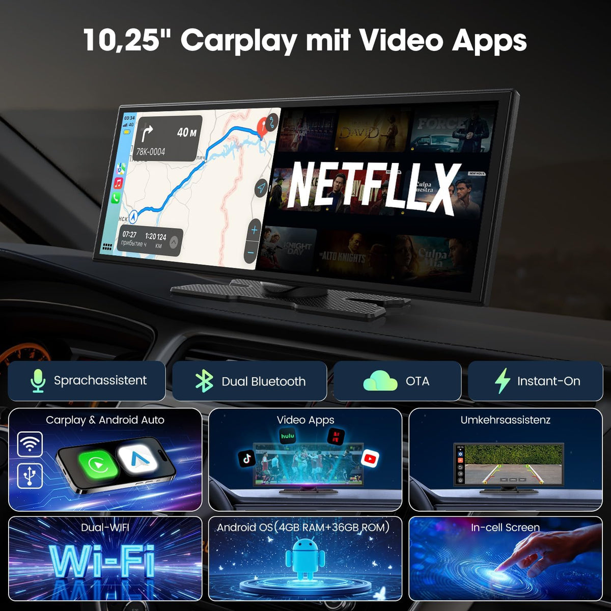Pantalla LAMTTO para Carplay con Net-flix y Youtube, pantalla de 10.25 pulgadas con A-pple CarPlay inalámbrico y Android Auto, cámara de visión trasera, pantalla dividida, navegación, Bluetooth dual, FM, Mirror Link para iOS 10+ y Android 11+
