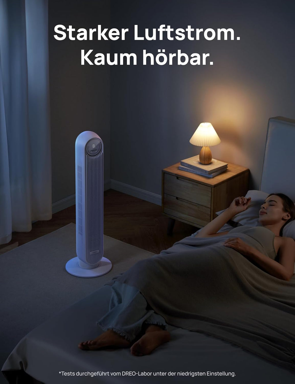 Ventilador de torre inteligente Dreo, 20 dB ultra silencioso, alcance de 10 m, 4 velocidades, 4 modos, temporizador de 8 h, oscilación de 90°, ventilación con refrigeración, Wi-Fi y mando a distancia para dormitorio, Nomad OneS, blanco