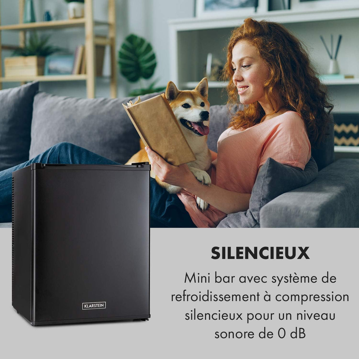 KLARSTEIN Happy Hour Mini nevera silenciosa para habitación/cosméticos, ultracompacta, minibar, refrigerador para alimentos, bebidas, estantes ajustables, mini nevera para camping, coche, 5-15°C, 40L