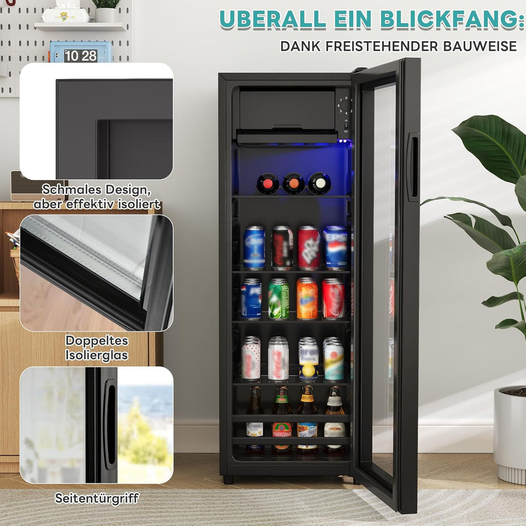 Refrigerador Merax de 128L, enfriador de bebidas independiente con refrigerador de 120L + congelador de 8L, con iluminación interior LED y estantes ajustables, súper silencioso para restaurante, bar, bebidas y cerveza