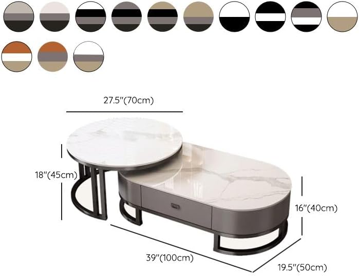 Mesa de centro ovalada de piedra, juego de 2, mesa de salón con cajón, mesa auxiliar de cristal, negro/gris – Gris, (99,9 cm L x 49,9 cm An x 40,6 cm Al) + (69,9 cm L x 69,9 cm An x 45,7 cm Al)