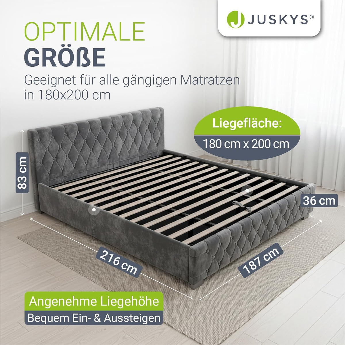 Cama tapizada Juskys Nizza 180x200 cm con colchón, estructura de cama con somier, almacenamiento e iluminación LED, tapizado de terciopelo, acolchado Chesterfield, gris