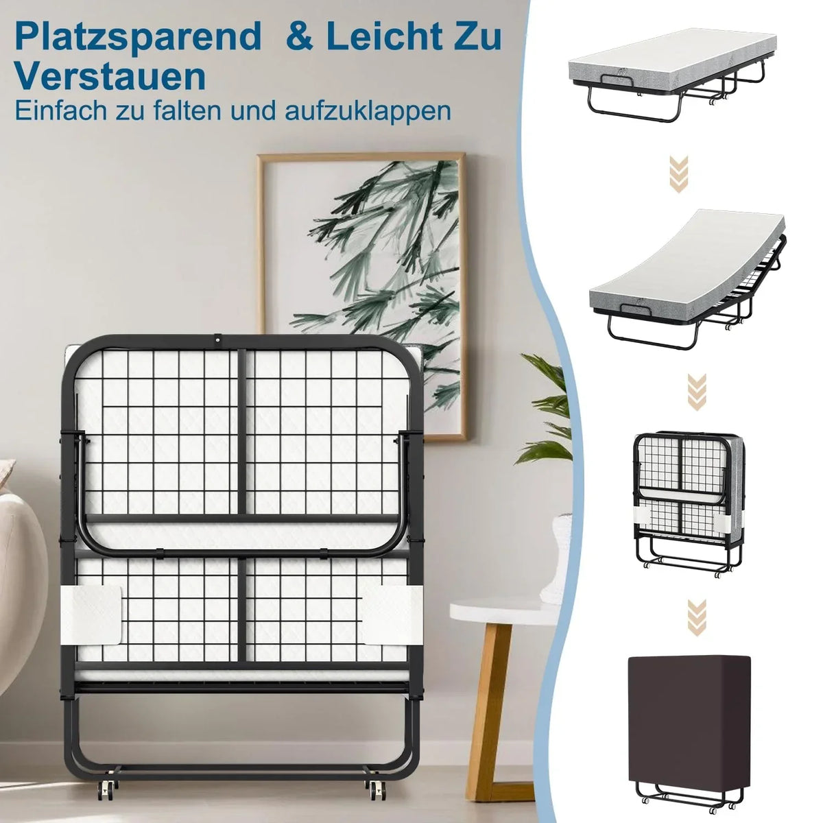 Cama plegable 90 × 200 cm con colchón de 13 cm, hasta 200 kg, marco de metal, ruedas, funda protectora contra el polvo y funda lavable