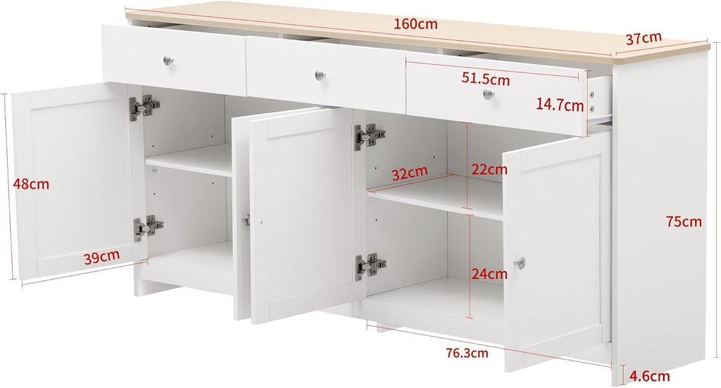 Aparador Ymkua, buffet, cómoda para salón y comedor, armario de almacenamiento con 4 puertas y 3 cajones, mueble de salón moderno, 160x37x75 cm, madera y blanco
