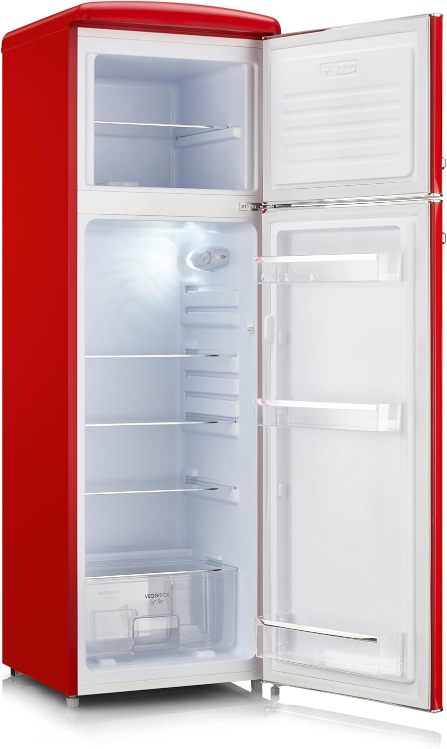 SEVERIN Frigorífico con congelador de 2 puertas, de libre instalación, Frigorífico de doble puerta con congelador, 55 cm de ancho, 246 L, Clase D, Estilo retro, Rojo, RKG 8983
