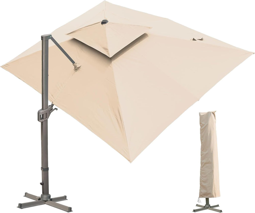LKINBO Sombrilla rectangular de 300 x 400 cm con soporte y manivela, sombrilla de jardín grande tipo voladizo, giratoria 360°, resistente al viento, impermeable, para patio, terraza y exteriores, caqui