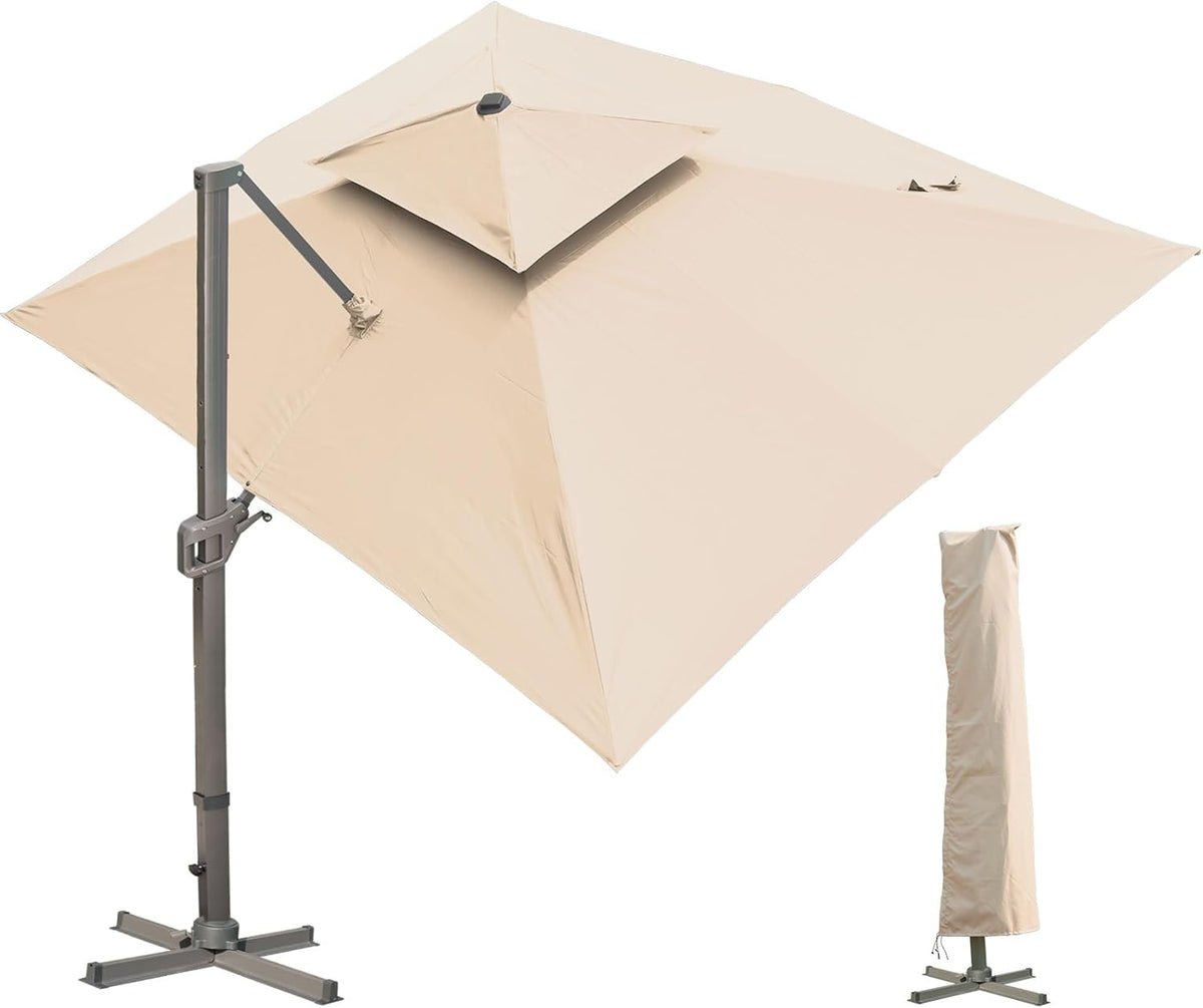 LKINBO Sombrilla rectangular de 300 x 400 cm con soporte y manivela, sombrilla de jardín grande tipo voladizo, giratoria 360°, resistente al viento, impermeable, para patio, terraza y exteriores, caqui