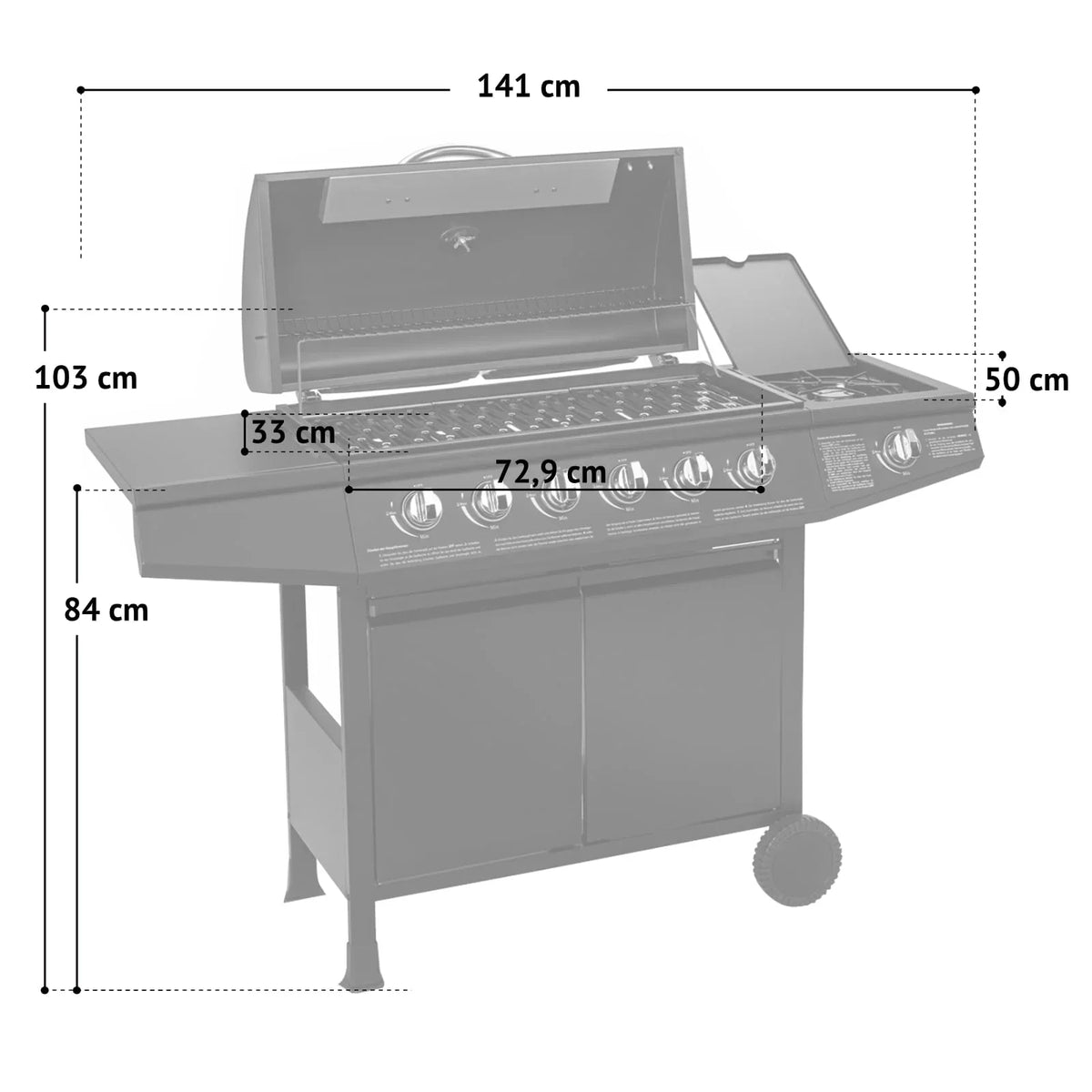 TAINO Basic 6 plus 1 Barbacoa de gas con quemador de acero inoxidable y hornillo lateral para jardín y terraza