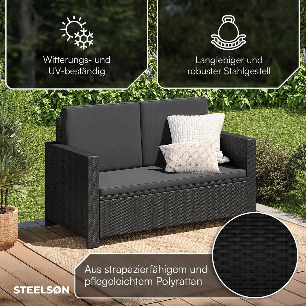 STEELSØN Elnath Sofá de jardín de 2 plazas – Salón de jardín de ratán negro/antracita – Cama lounge para balcón/jardín/terraza – sofá pequeño que ahorra espacio – Set de sofá para exteriores con cojines – muebles de balcón resistentes a la intemperie