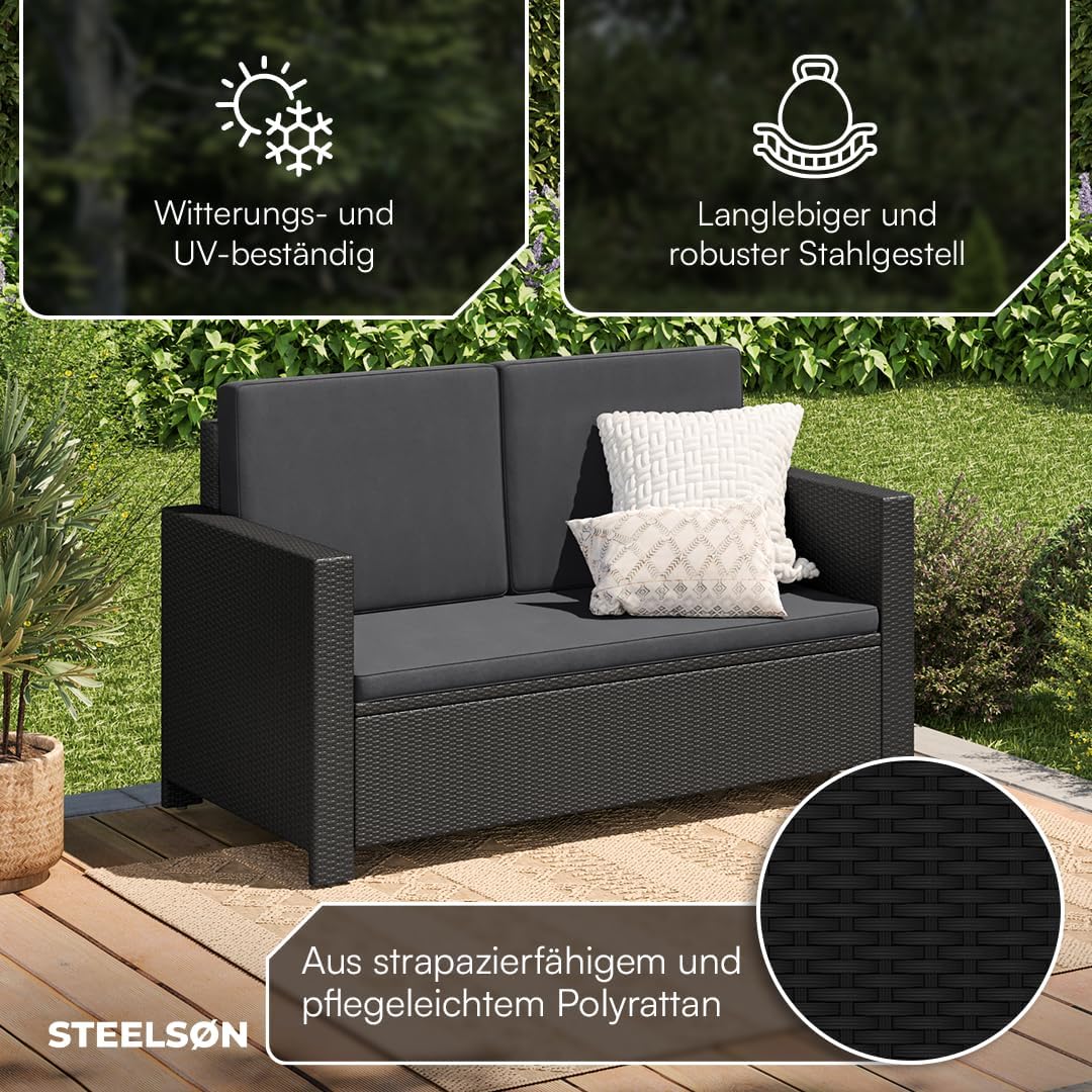 STEELSØN Elnath Sofá de jardín de 2 plazas – Salón de jardín de ratán negro/antracita – Cama lounge para balcón/jardín/terraza – sofá pequeño que ahorra espacio – Set de sofá para exteriores con cojines – muebles de balcón resistentes a la intemperie