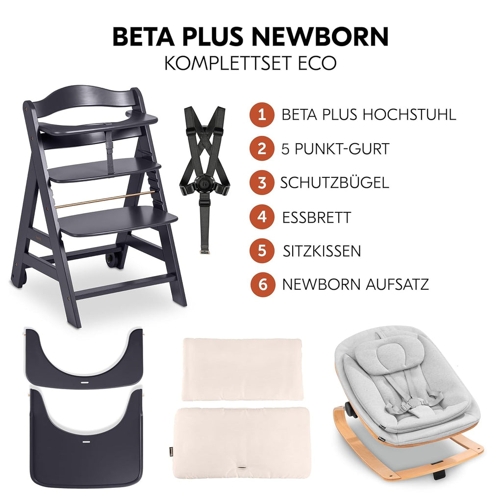 Hauck Trona Beta+ Newborn Set Eco Bouncer - Trona de madera evolutiva para bebés desde el nacimiento, incluye accesorio para recién nacidos, cojín de asiento y bandeja - Gris oscuro