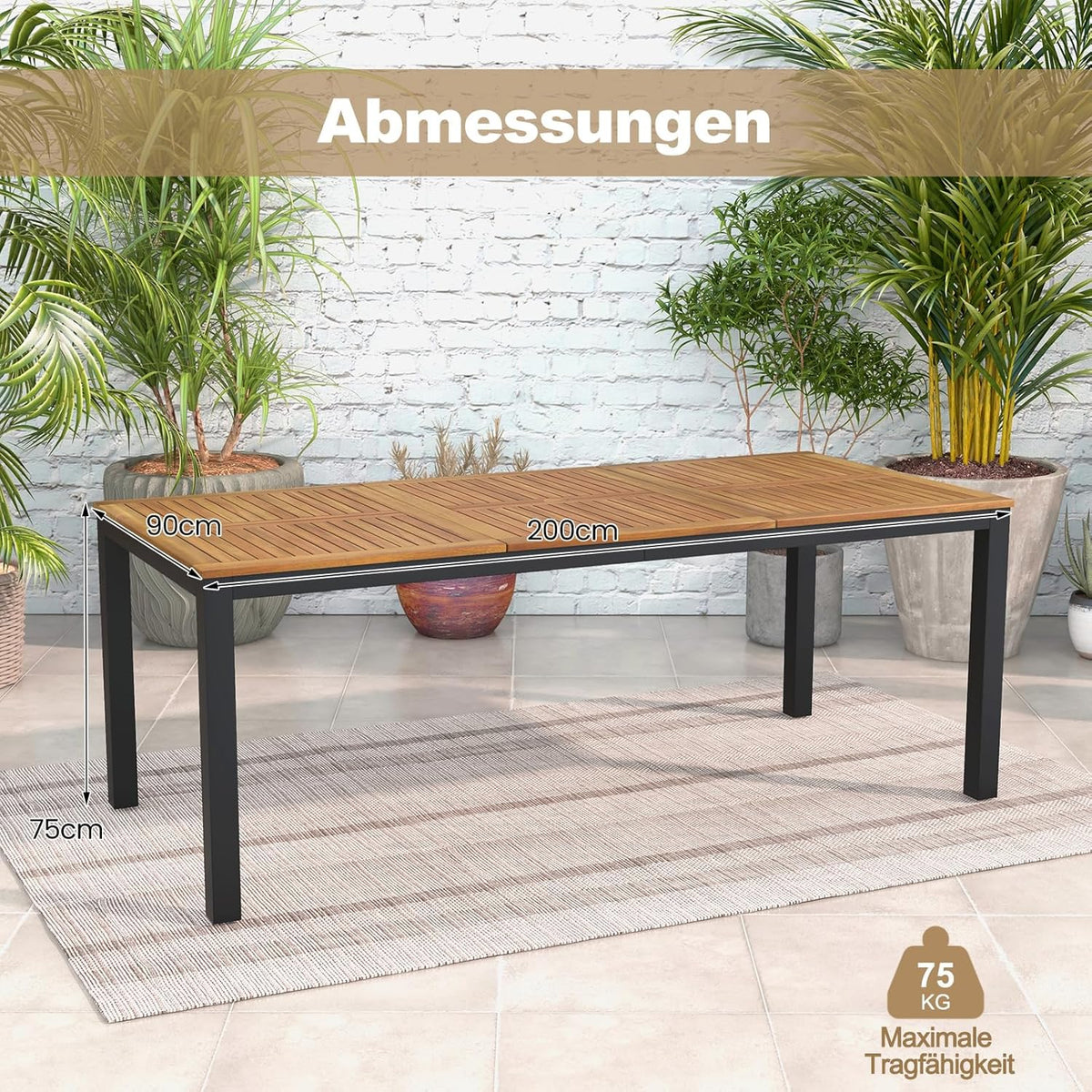 Mesa de jardín COSTWAY con orificio para sombrilla, 200x90 cm, mesa de terraza grande para 8 personas, mesa de balcón rectangular con tablero de madera de acacia, mesa de comedor al aire libre para jardín, terraza