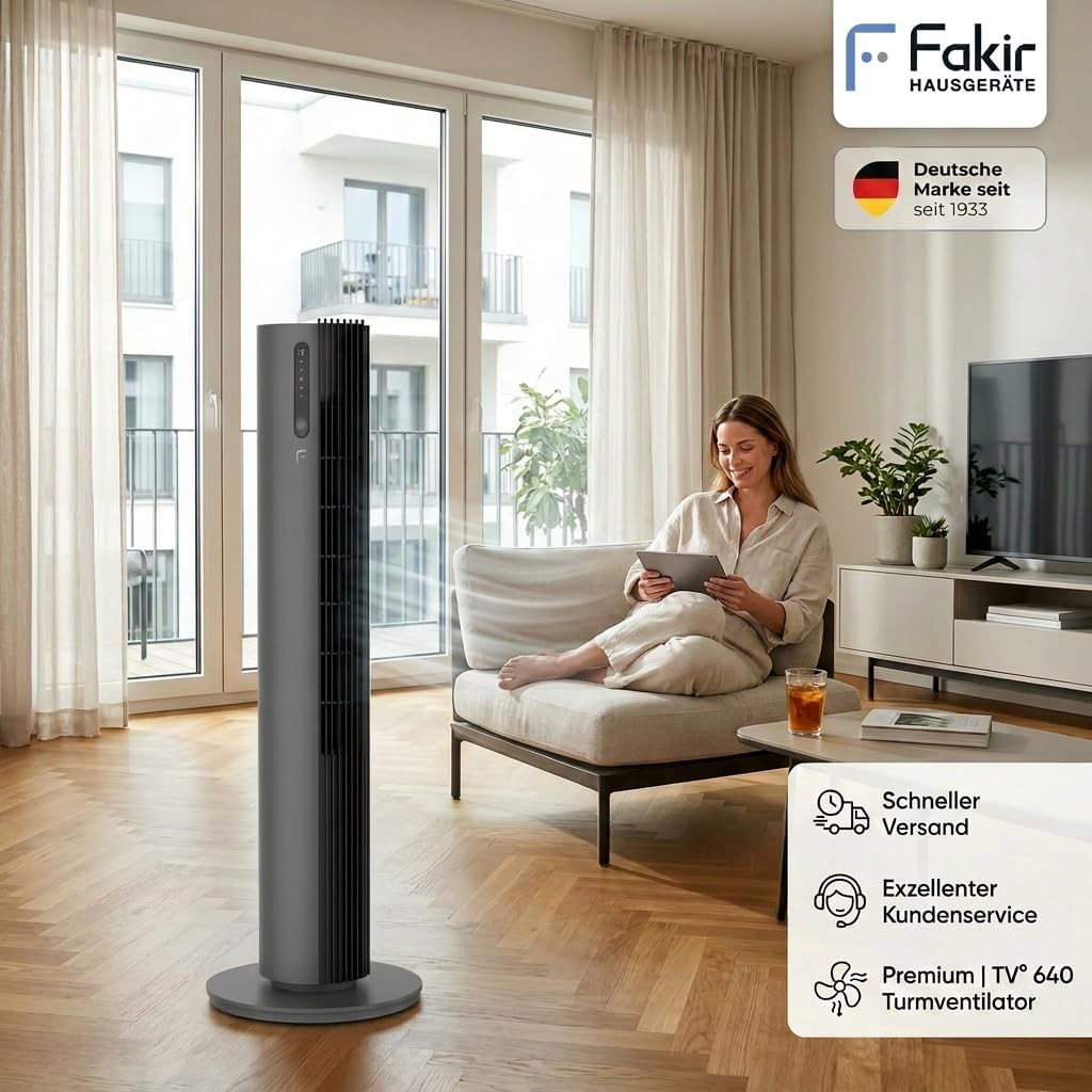 Ventilador de torre Fakir Premium TV° 640 - Ventilador silencioso de 32dB(A), motor CC, 12 niveles, temporizador de 12h, pantalla LED, mando a distancia y oscilación de 90°, purificación de aire, 450m³/h, 110cm de altura, color: antracita