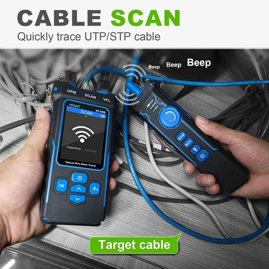 Probador de cables de red NF-8508 con RJ45, RJ11, prueba PoE, medidor de potencia óptica, función VFL, comprobación de cables CAT5 y CAT6