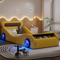 Cama infantil con forma de coche, cama juvenil 90x200, cama tapizada individual con ruedas iluminadas y espacio de almacenamiento, emocionante cama infantil de carreras, cama de juegos para niños con somier, PU, sin colchón, amarillo