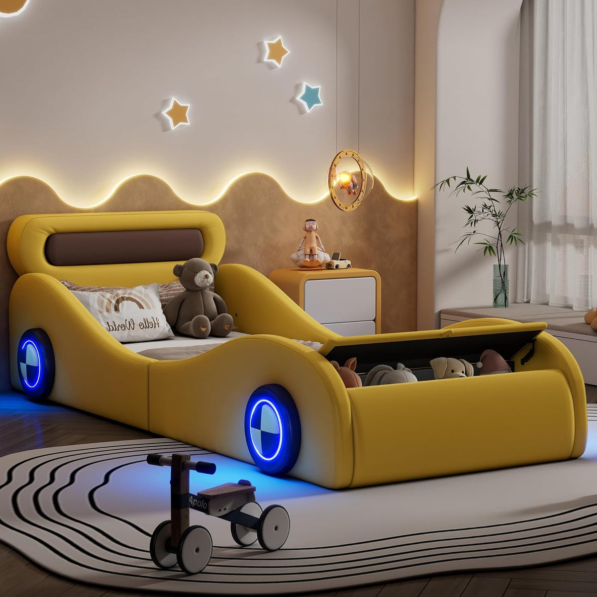 Cama infantil con forma de coche, cama juvenil 90x200, cama tapizada individual con ruedas iluminadas y espacio de almacenamiento, emocionante cama infantil de carreras, cama de juegos para niños con somier, PU, sin colchón, amarillo