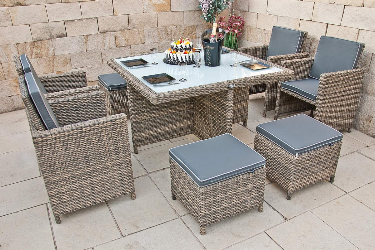 Ragnarök PolyRattan - Marca ALEMANA - Producción PROPIA - 8 años de garantía - Muebles de jardín, conjunto de comedor, mesa, 4 sillas, taburetes, 12 cojines, gris, aluminio inoxidable, natural, comedor, cubo, cristal