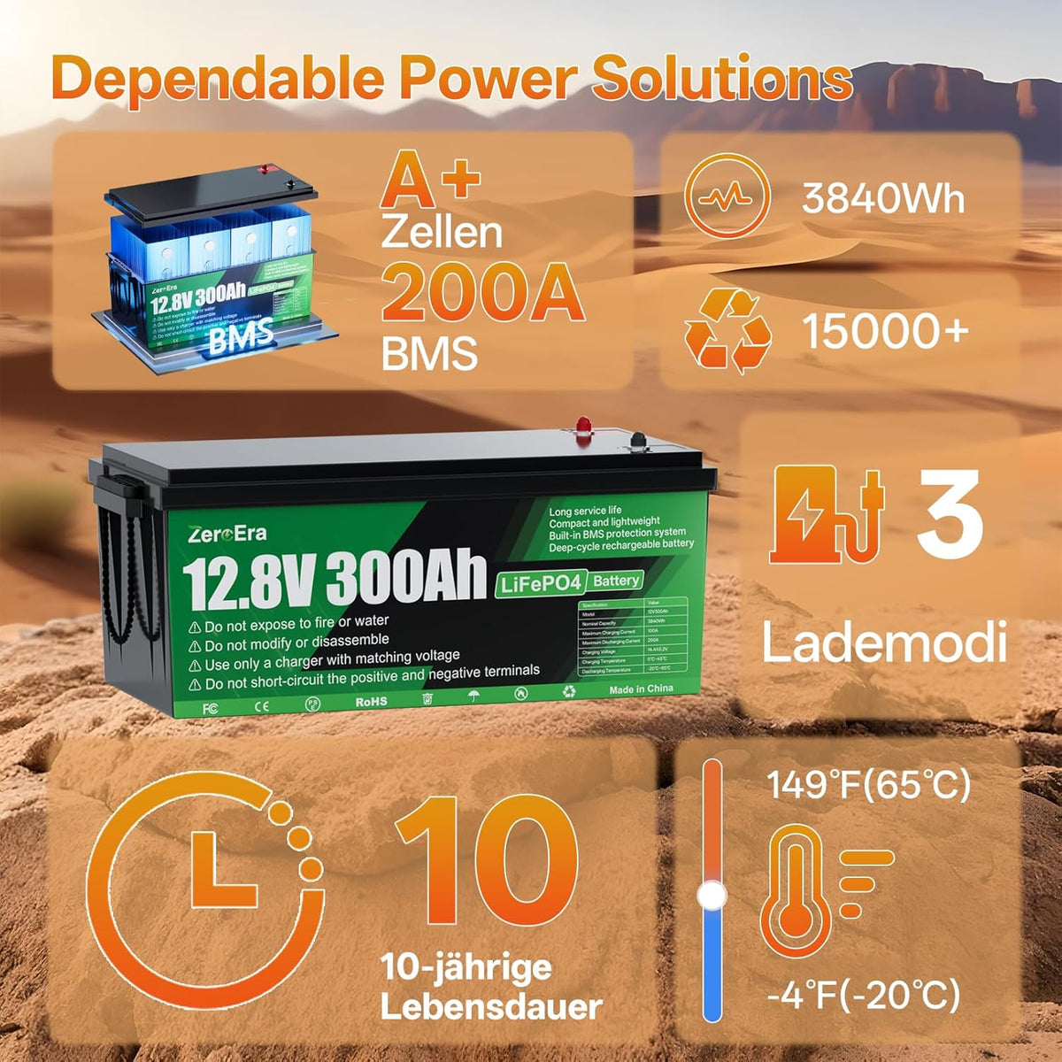 Batería LiFePO4 de 12V 300Ah, batería de litio de 3840Wh con protección de temperatura BMS de 200A, más de 15000 ciclos de carga, compatible con conexión en serie/paralelo para almacenamiento doméstico y autocaravanas.